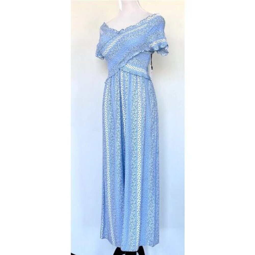 Sweet Japna Surplice Smocked Wide Leg  Jumpsuit Size Small Blue White NWT